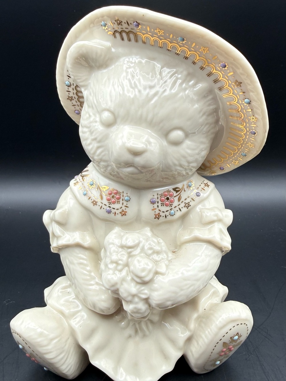 Lenox China Jewels Teddy Bear Figurine Girl Bonnet Flower Bouquet 24k Gold 5.5"
